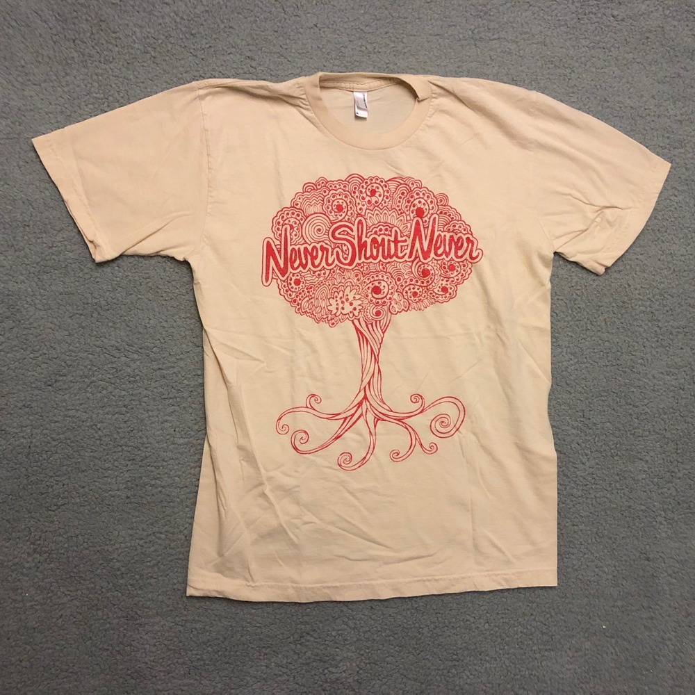 Never Shout Never Band T-Shirt American Apparel Tan Red Tree Graphic Size M
